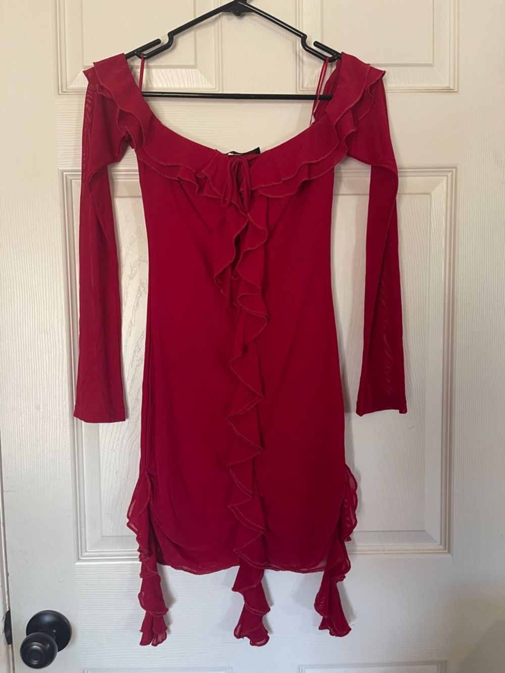 The Vintage Shop Red Ruffled Off-Shoulder Long Sleeve Dress